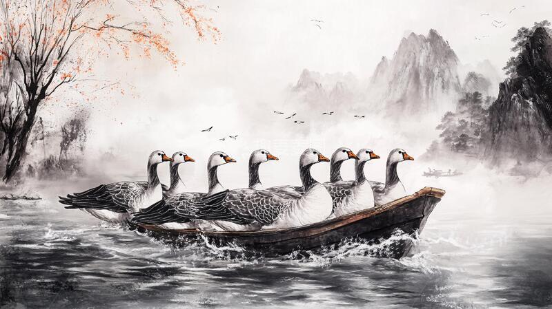 高清大图下载【趣麦麦图】远山飞鸟船框画无框画