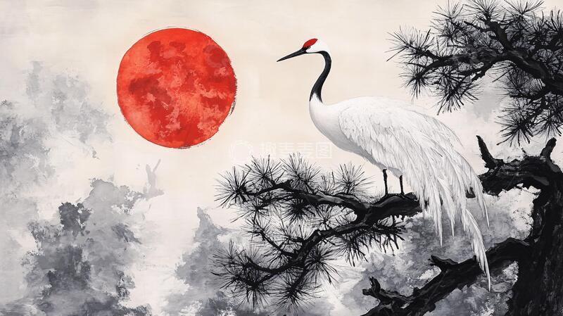 高清大图下载【趣麦麦图】旭日东升仙鹤