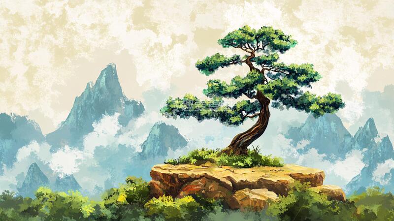 高清大图下载【趣麦麦图】鼠绘迎客松古风古典插画