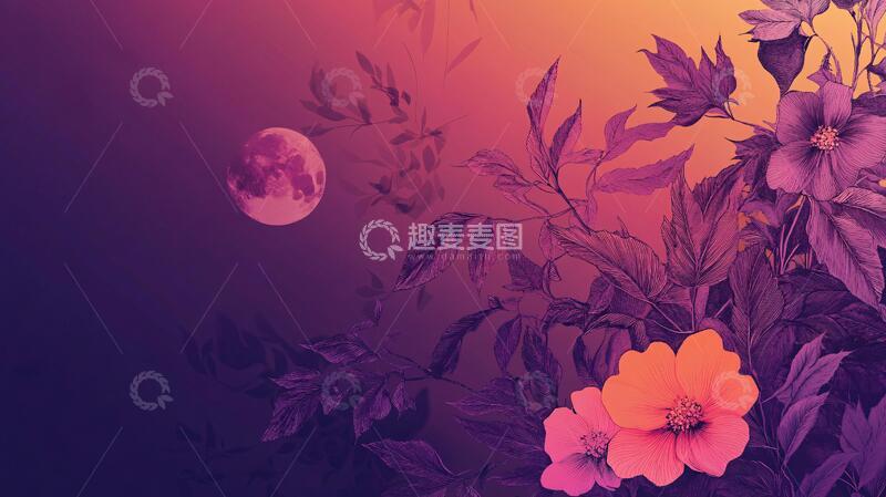 高清大图下载【趣麦麦图】唯美月夜花壁纸手绘花朵