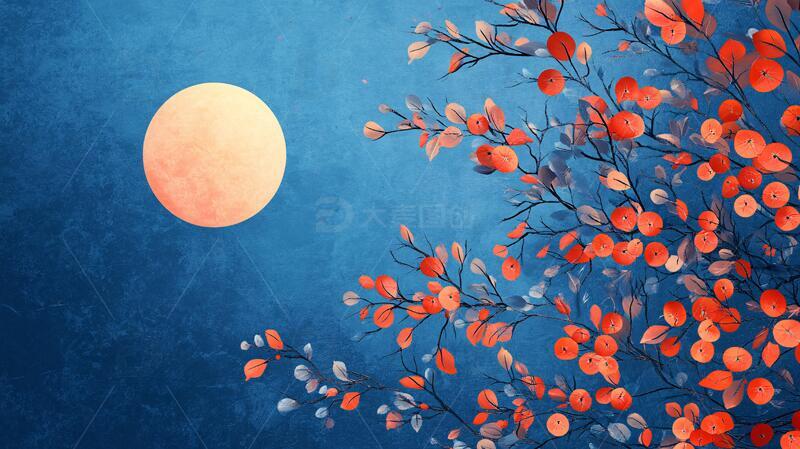 高清大图下载【趣麦麦图】红黄满月插画团圆素材