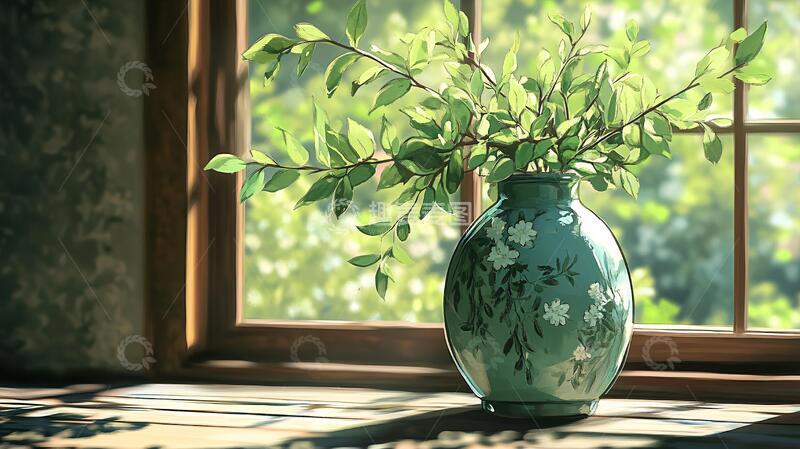 高清大图下载【趣麦麦图】窗户旁的花瓶