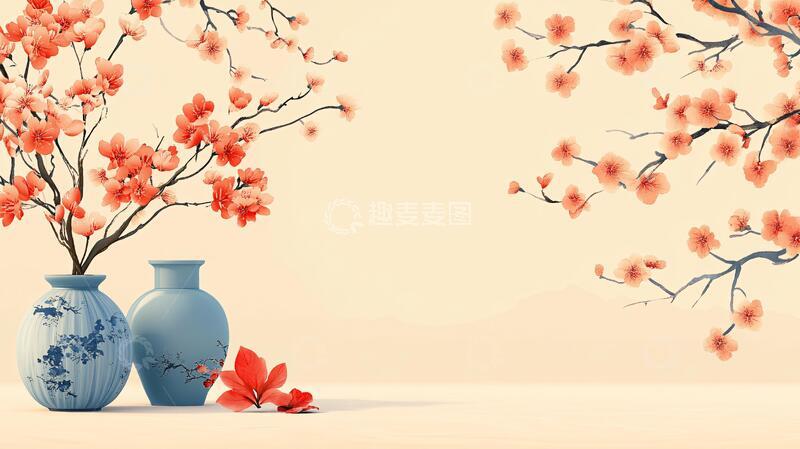 高清大图下载【趣麦麦图】花瓶插画中式花卉花瓶