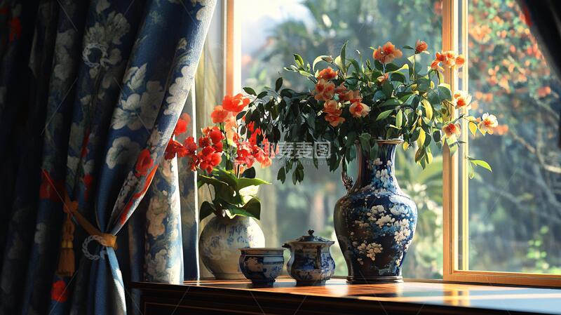 高清大图下载【趣麦麦图】菊花郡花农家窗边复古