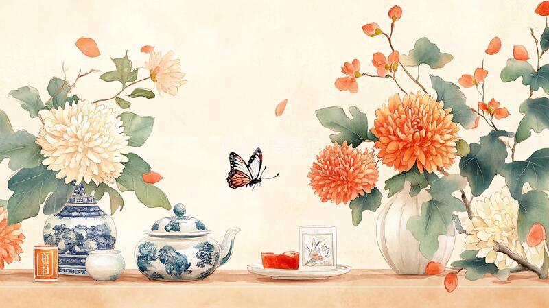 高清大图下载【趣麦麦图】菊花蝴蝶插画