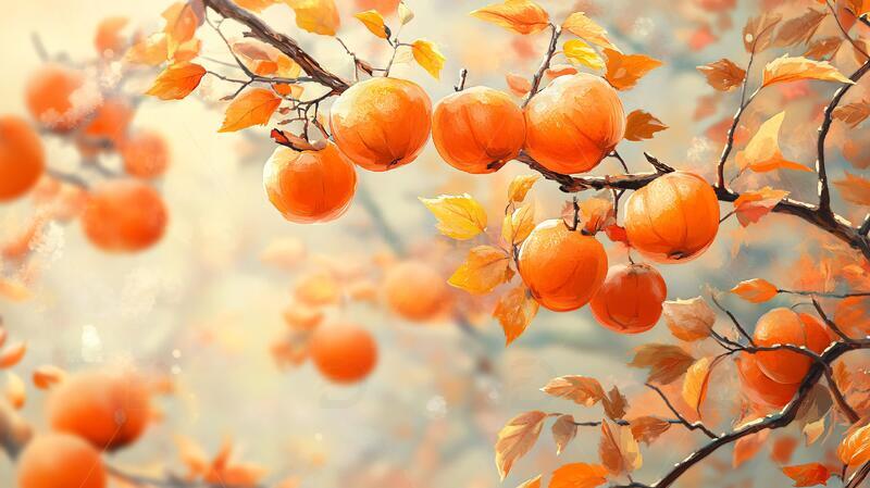 高清大图下载【趣麦麦图】柿树插画插画柿树顺心