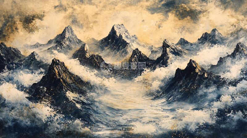 高清大图下载【趣麦麦图】雪峰油画油画金色水墨