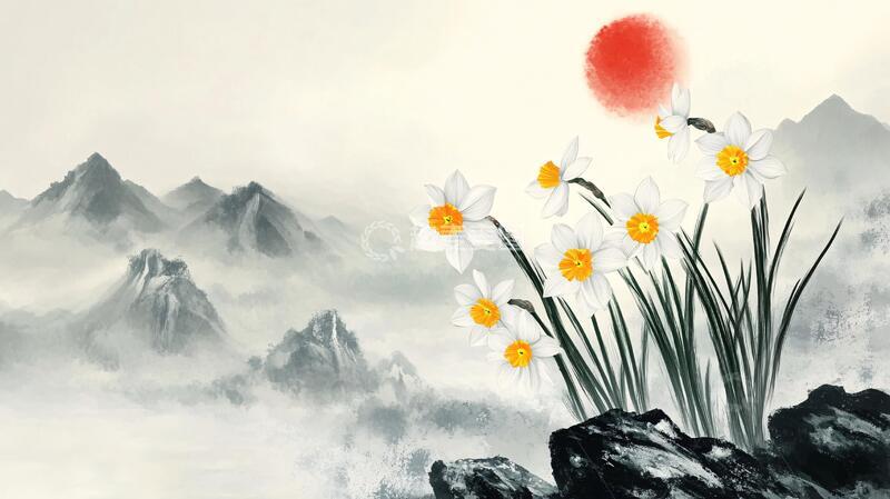 高清大图下载【趣麦麦图】水仙花水墨插画水墨水仙
