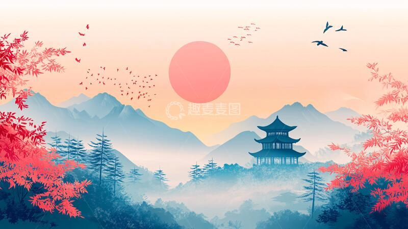 高清大图下载【趣麦麦图】仙鹤楼阁古风山水画6