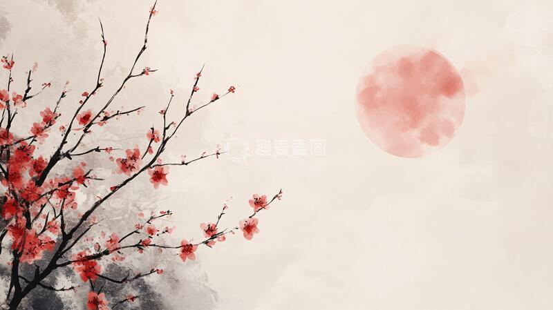 高清大图下载【趣麦麦图】红梅水墨古风红日意境