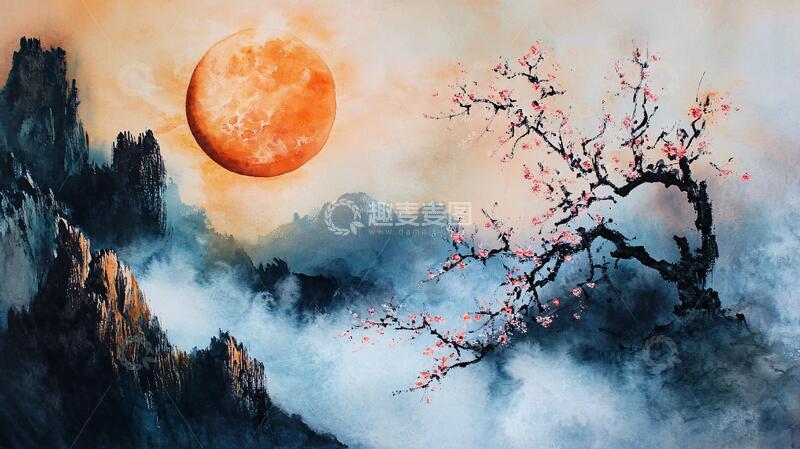 高清大图下载【趣麦麦图】花好月圆水墨山水画1