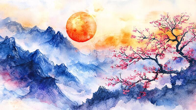 高清大图下载【趣麦麦图】红日水墨山水43