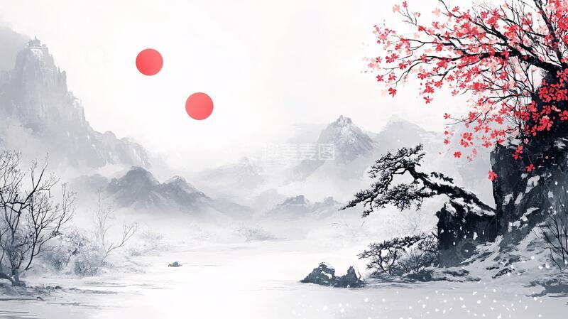 高清大图下载【趣麦麦图】红日水墨山水45