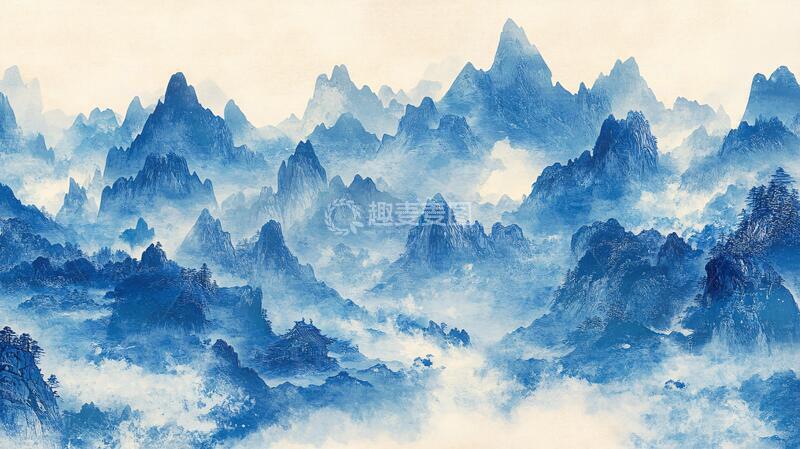 高清大图下载【趣麦麦图】蓝调山水画水墨蓝调蓝色1