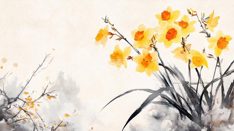 高清大图下载【趣麦麦图】水仙花水墨水墨兰花手绘