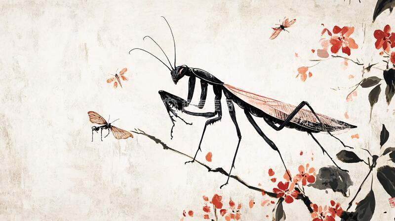 高清大图下载【趣麦麦图】螳螂墙画螳螂昆虫水墨