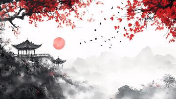 仙鹤楼阁古风山水画5