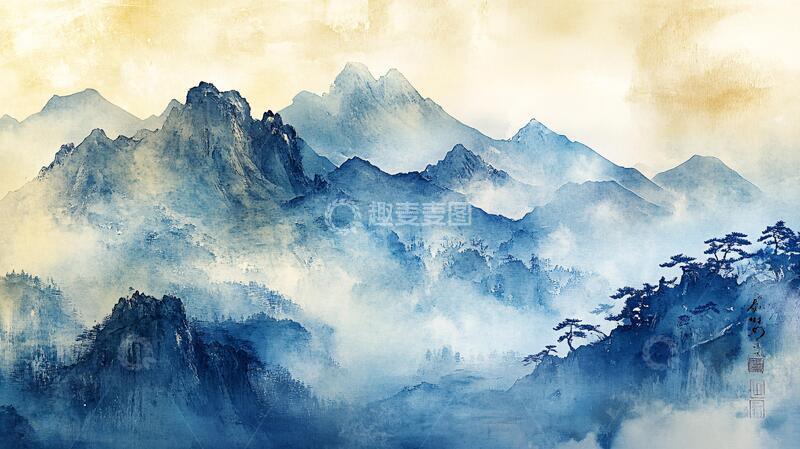 高清大图下载【趣麦麦图】水墨迎客松远山