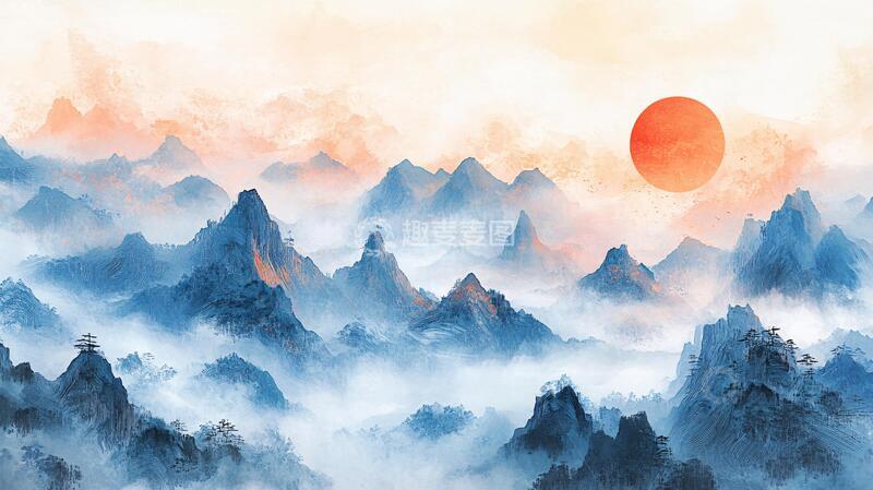 高清大图下载【趣麦麦图】红日水墨山水47