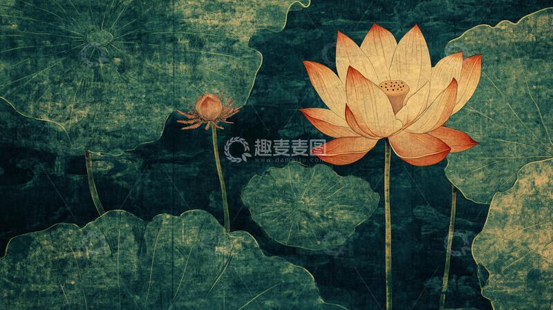 高清大图下载【趣麦麦图】复古荷花莲花荷花壁画