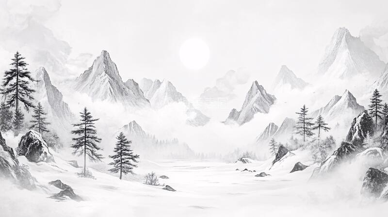 高清大图下载【趣麦麦图】新中式雪山古风意境雪景