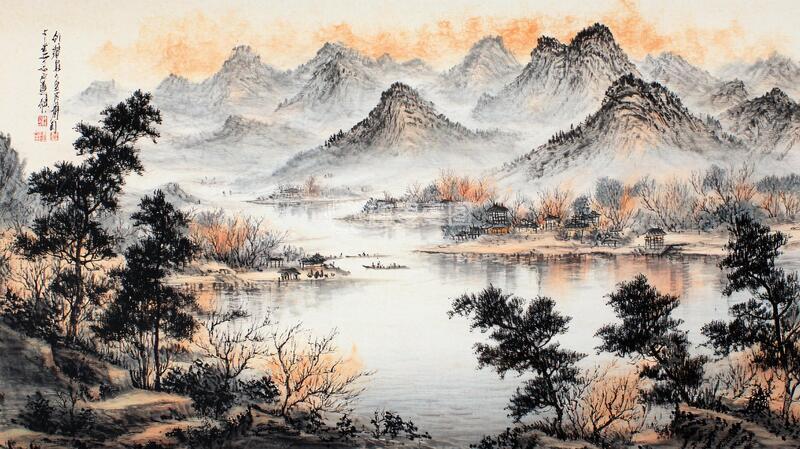 高清大图下载【趣麦麦图】日出山水画秋景金线秋色