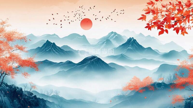 高清大图下载【趣麦麦图】红叶古风山水画1