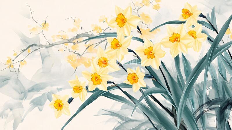 高清大图下载【趣麦麦图】水墨水仙花水墨插画水仙