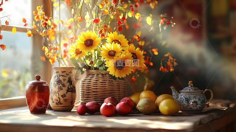 高清大图下载【趣麦麦图】窗前静物静物菊花农家