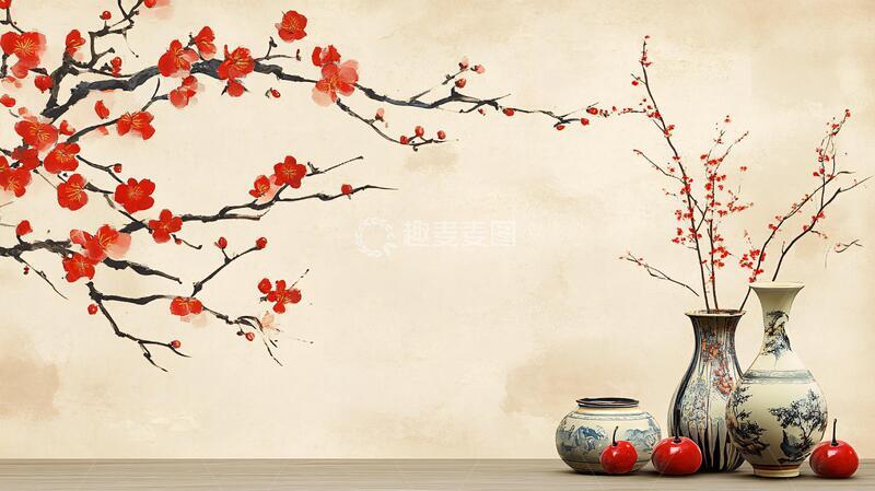 高清大图下载【趣麦麦图】手绘梅花壁画