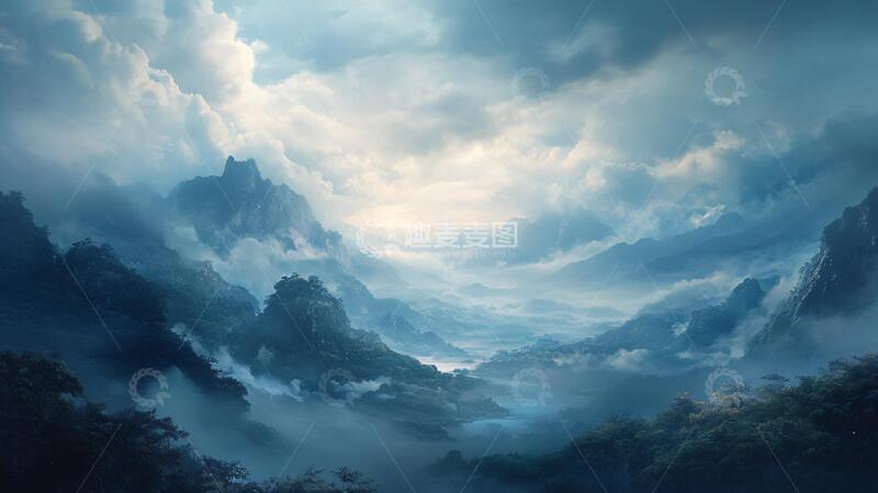高清大图下载【趣麦麦图】飘渺远山云雾风景画1