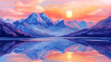 山湖插画插画黄昏山水