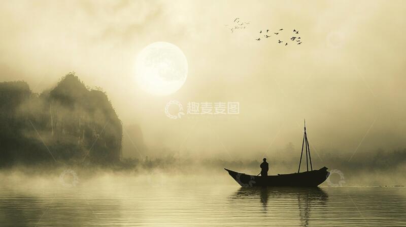 高清大图下载【趣麦麦图】一叶扁舟破晓烟