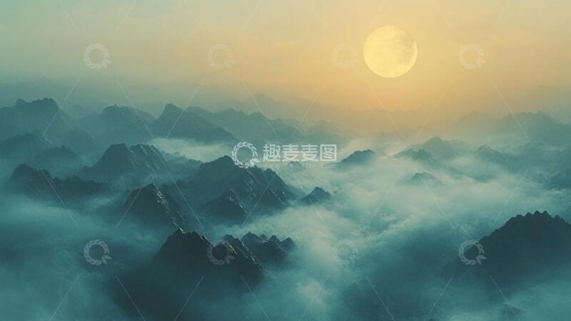 高清大图下载【趣麦麦图】红日水墨山水38