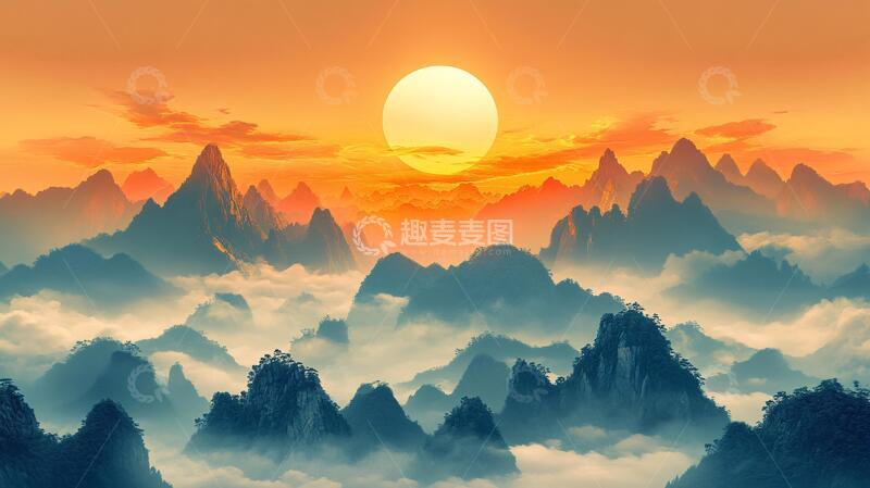 高清大图下载【趣麦麦图】红日水墨山水37