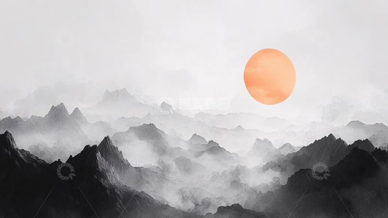高清大图下载【趣麦麦图】红日水墨山水42