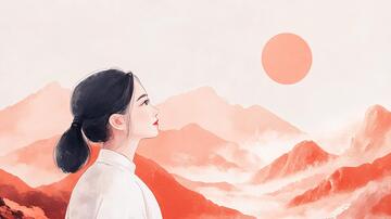 看日出插画插画红衣人物