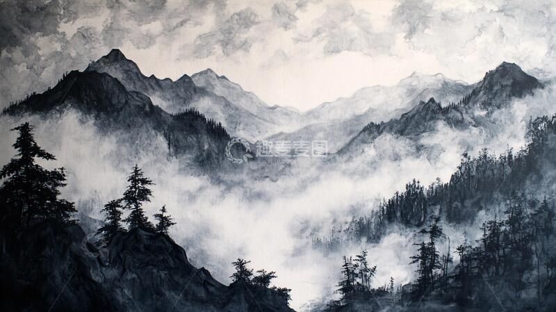 高清大图下载【趣麦麦图】云雾山景画云雾油画彩绘