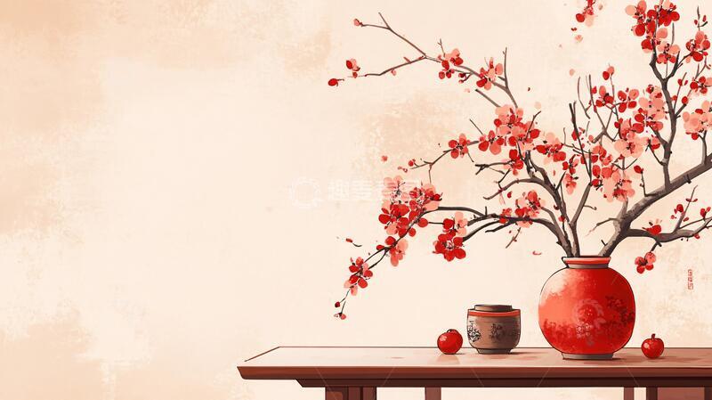 高清大图下载【趣麦麦图】工笔手绘红墙梅花2