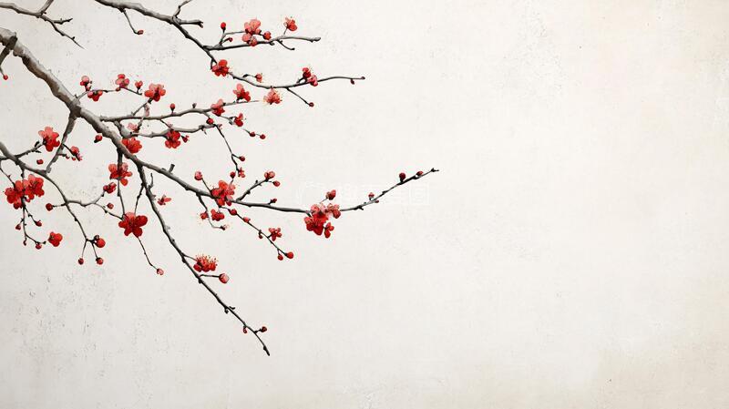 高清大图下载【趣麦麦图】工笔手绘红墙梅花1