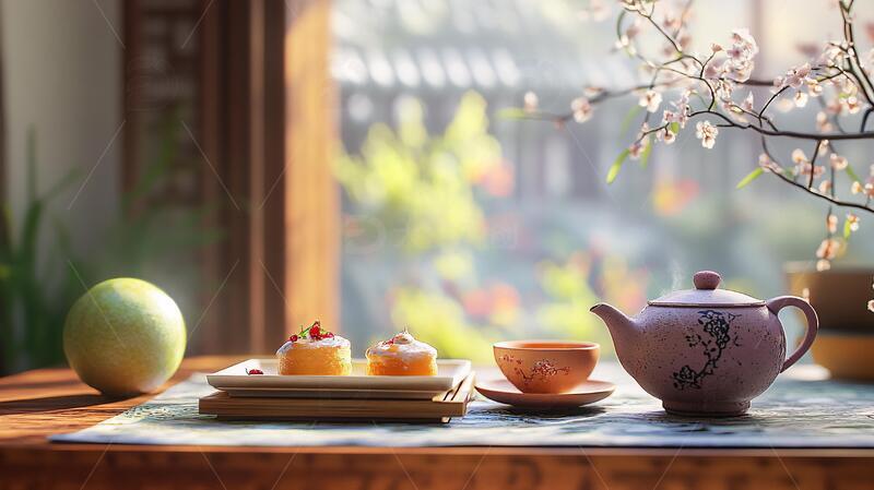 高清大图下载【趣麦麦图】中式下午茶茶具场景橱窗