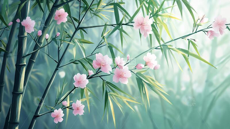 高清大图下载【趣麦麦图】春桃绿竹意境春桃绿竹