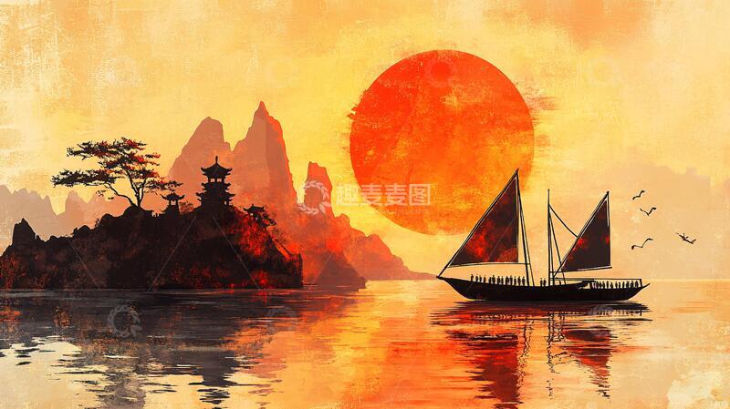 高清大图下载【趣麦麦图】红日水墨山水36