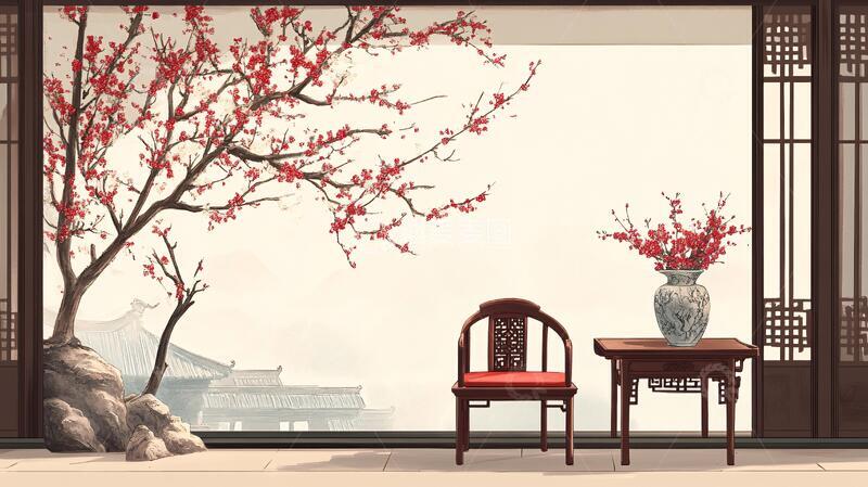 高清大图下载【趣麦麦图】中式梅花阁楼背景1