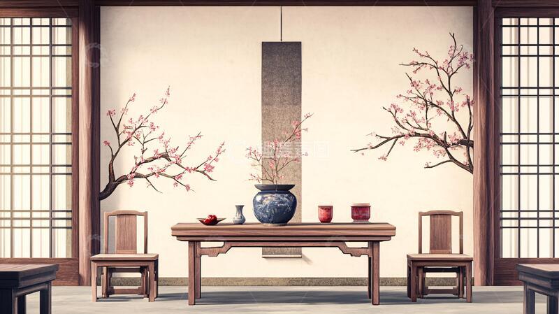 高清大图下载【趣麦麦图】中式梅花阁楼背景