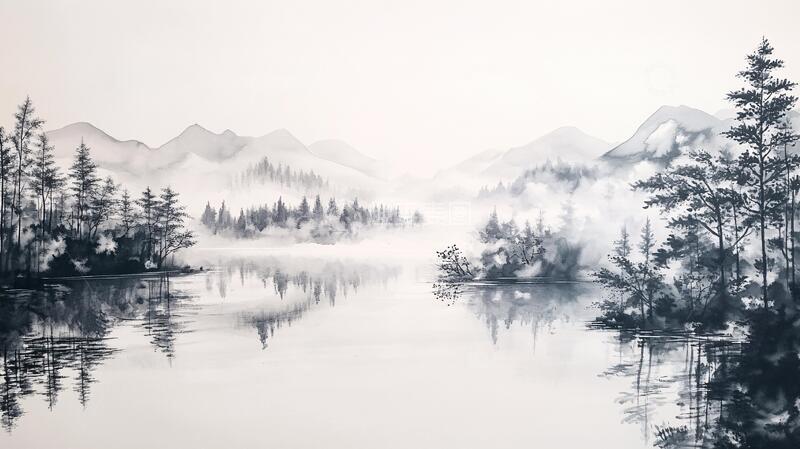 高清大图下载【趣麦麦图】雨后朦胧山水禅意画