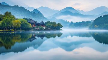 湘湖晨雾晨雾早晨晨曦