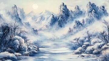 风雪流水山脉油画1