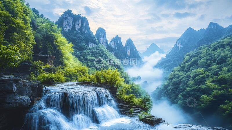 高清大图下载【趣麦麦图】春天竹林瀑布晨曦唯美2