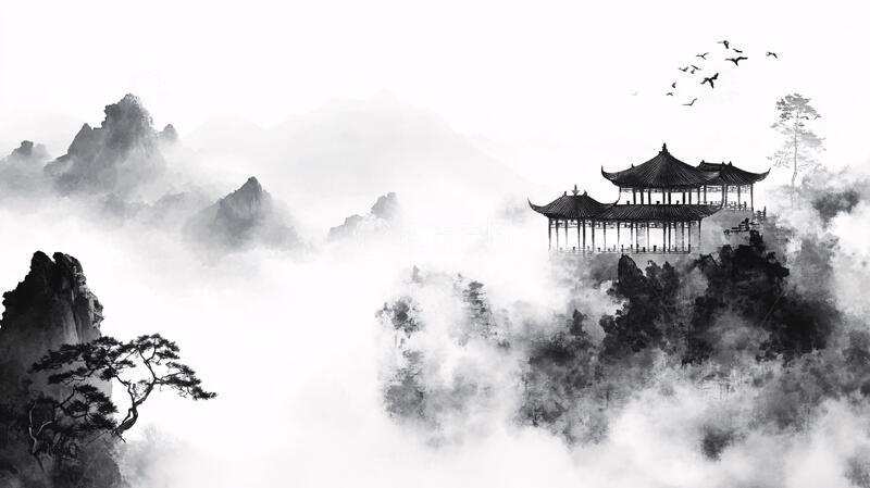 高清大图下载【趣麦麦图】屏风墨韵凉亭山峰云雾